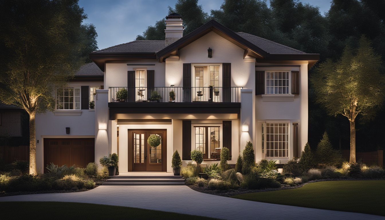 A well-lit home exterior with strategic lighting around entryways and windows, casting a sense of security and safety