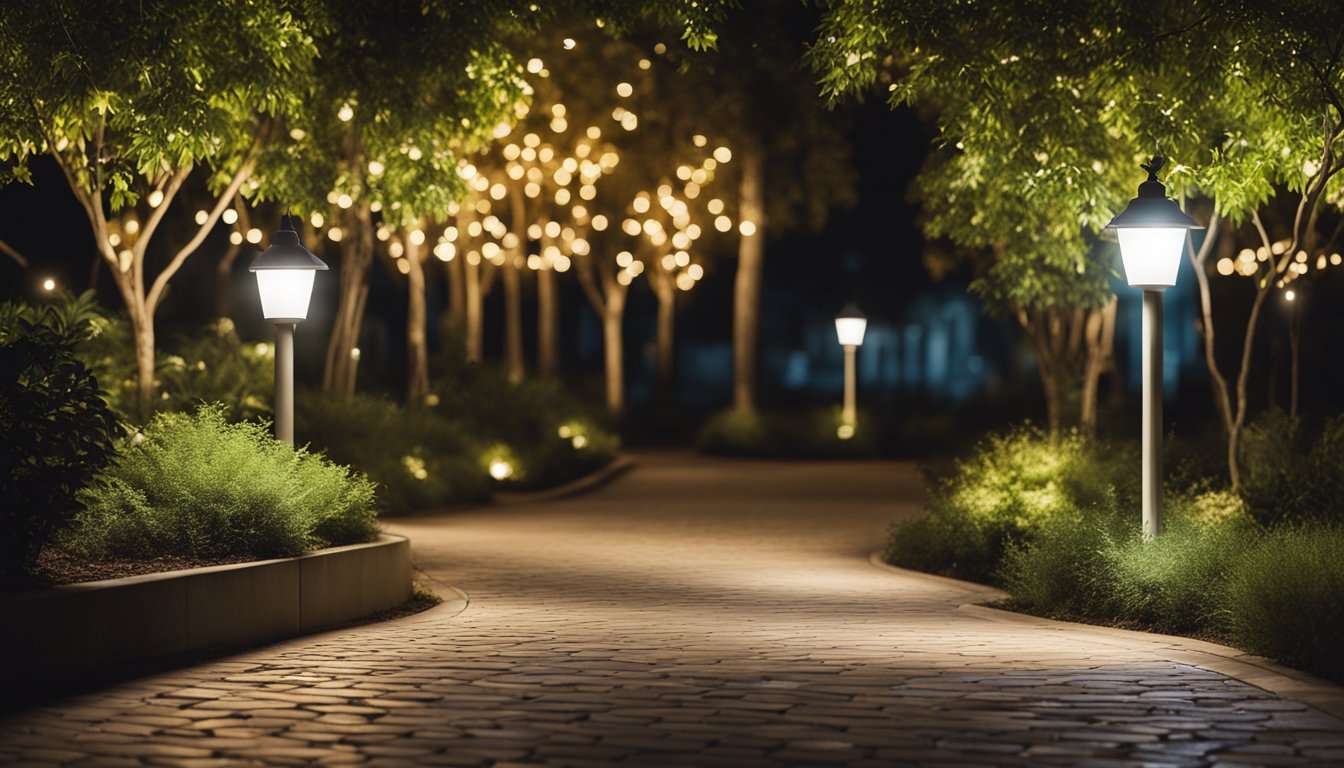 A well-lit pathway leading to a secure home, with strategically placed outdoor lights and motion-sensor lighting around the perimeter