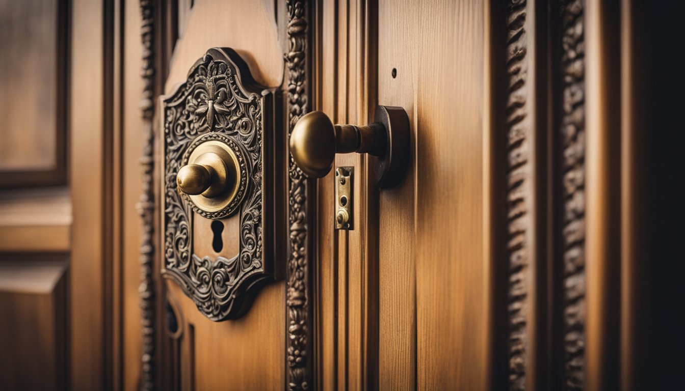 A vintage brass lock with intricate keyhole and ornate detailing on a wooden door in a classic UK home