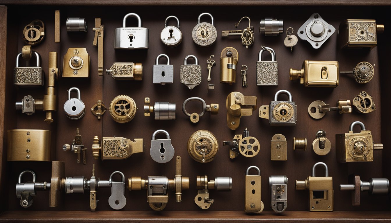 An array of vintage lock mechanisms displayed on a wooden table with a backdrop of classic UK homes