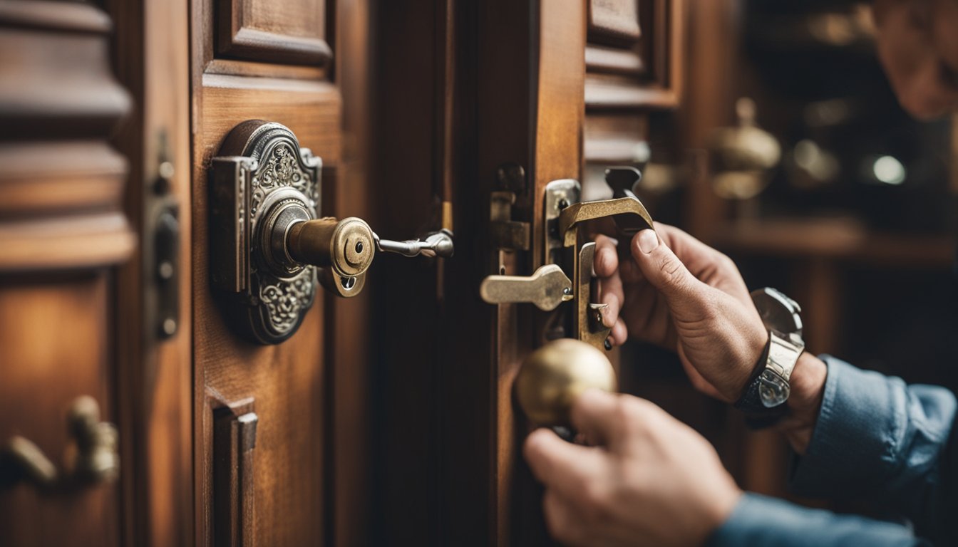 A traditional locksmith at work, using hand tools to repair a vintage lock on a wooden door