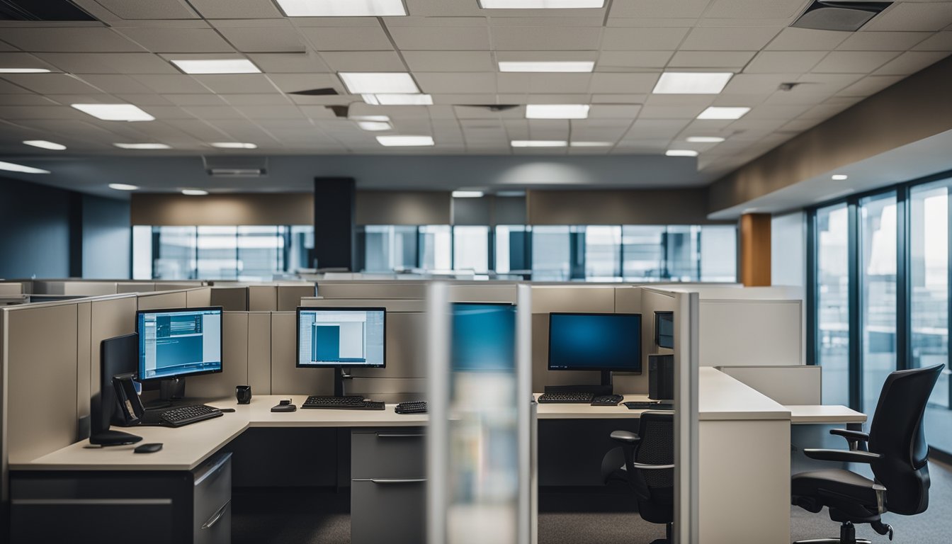 An office building with security cameras, key card access, and security personnel stationed at entrances. Policies posted on walls and employees following security procedures