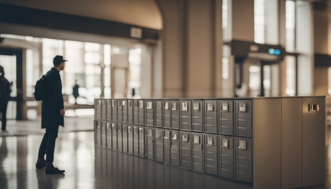An apartment building lobby with a row of secure postal boxes and a person selecting a lock