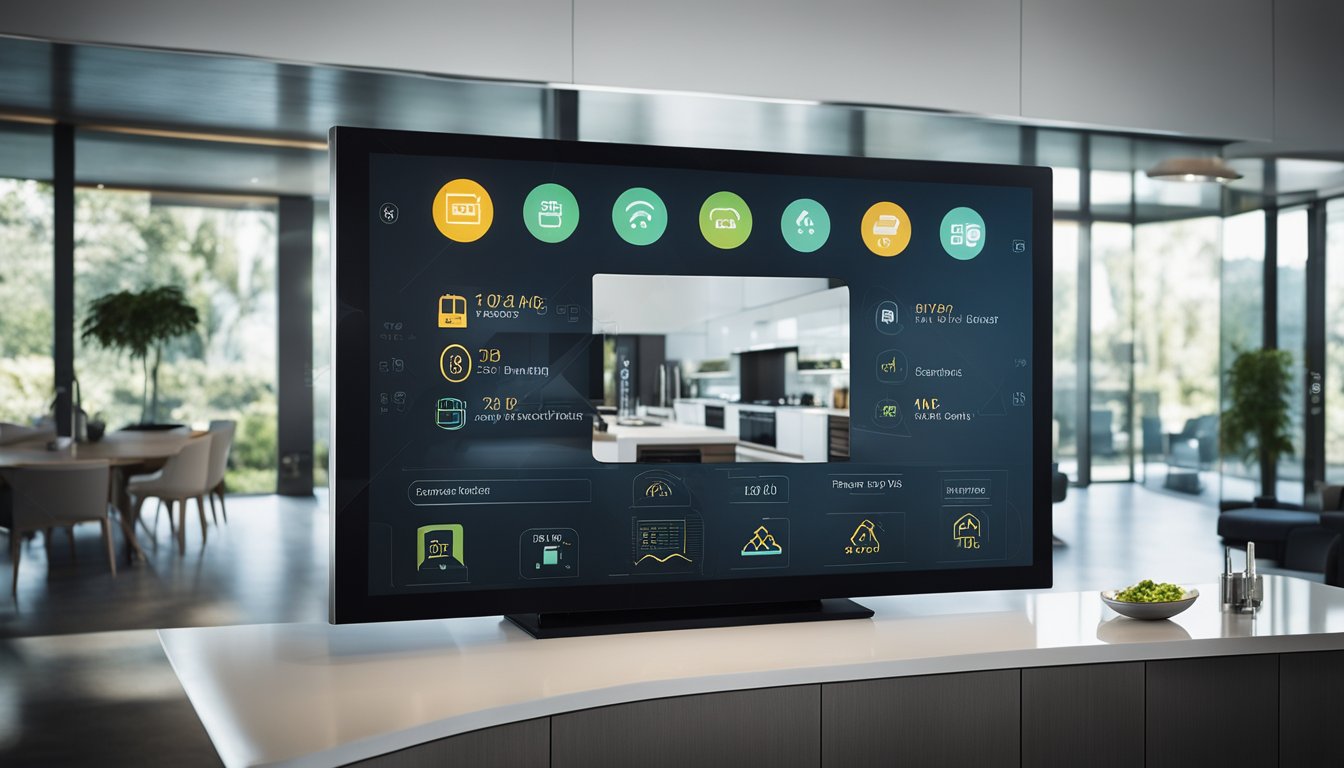 A modern home with smart security devices: cameras, motion sensors, and smart locks on doors and windows. A central control panel displays the status of the system
