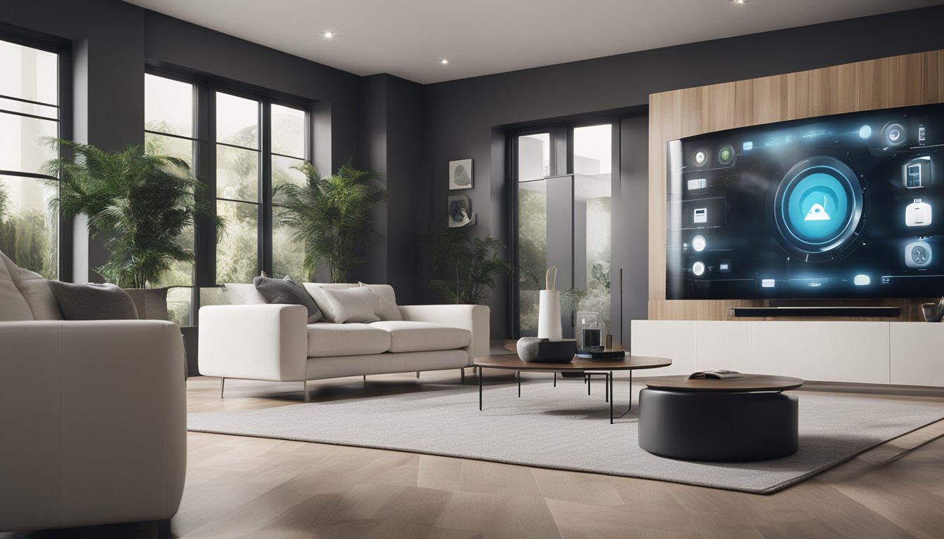 A smart home security system with various devices such as cameras, sensors, and smart locks installed throughout a modern home
