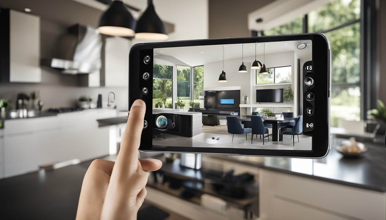 A modern home with wireless alarm system, integrated with smart devices. Security cameras, motion sensors, and control panel visible