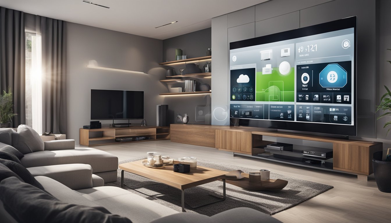 A modern home with various rooms equipped with wireless alarm sensors and a central control panel