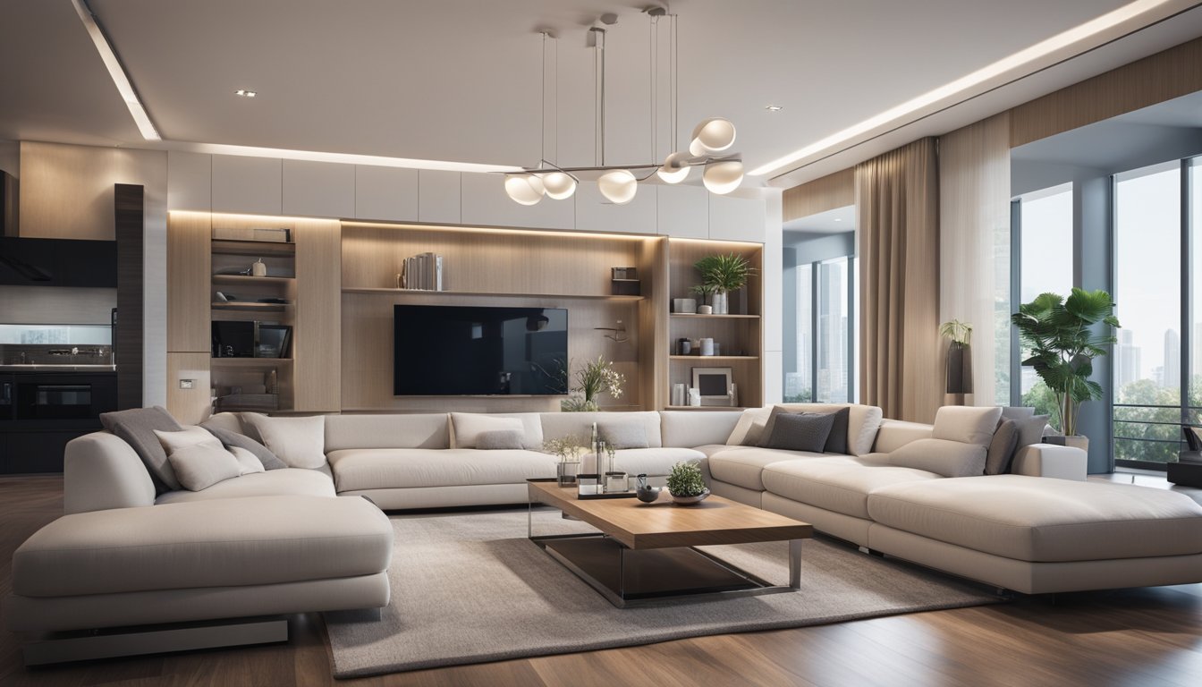 A modern living room with futuristic home security gadgets including smart cameras, motion sensors, and biometric locks
