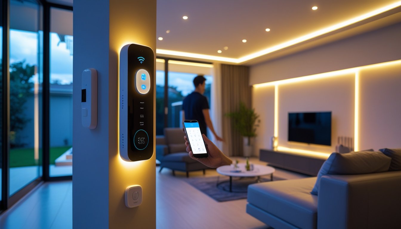 A person adjusting smart lighting controls in a modern living room with visible security cameras and sensors enhancing home safety.