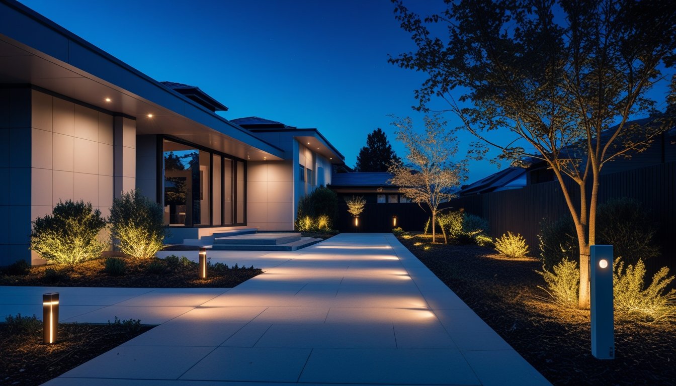 A modern house exterior at dusk with outdoor lighting illuminating pathways, entrance, and garden areas.