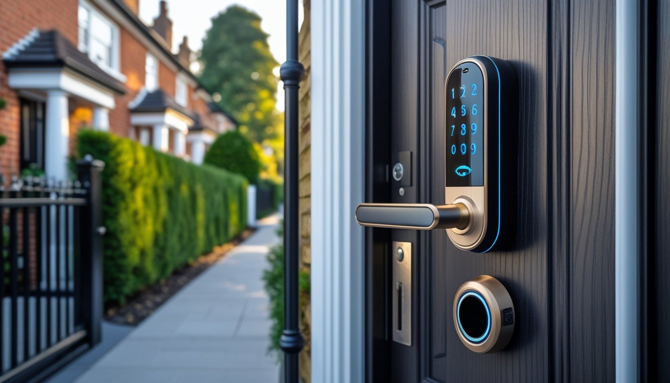 Close-up of a modern front door on a UK home with a sleek smart lock installed, surrounded by greenery and a residential street in the background.