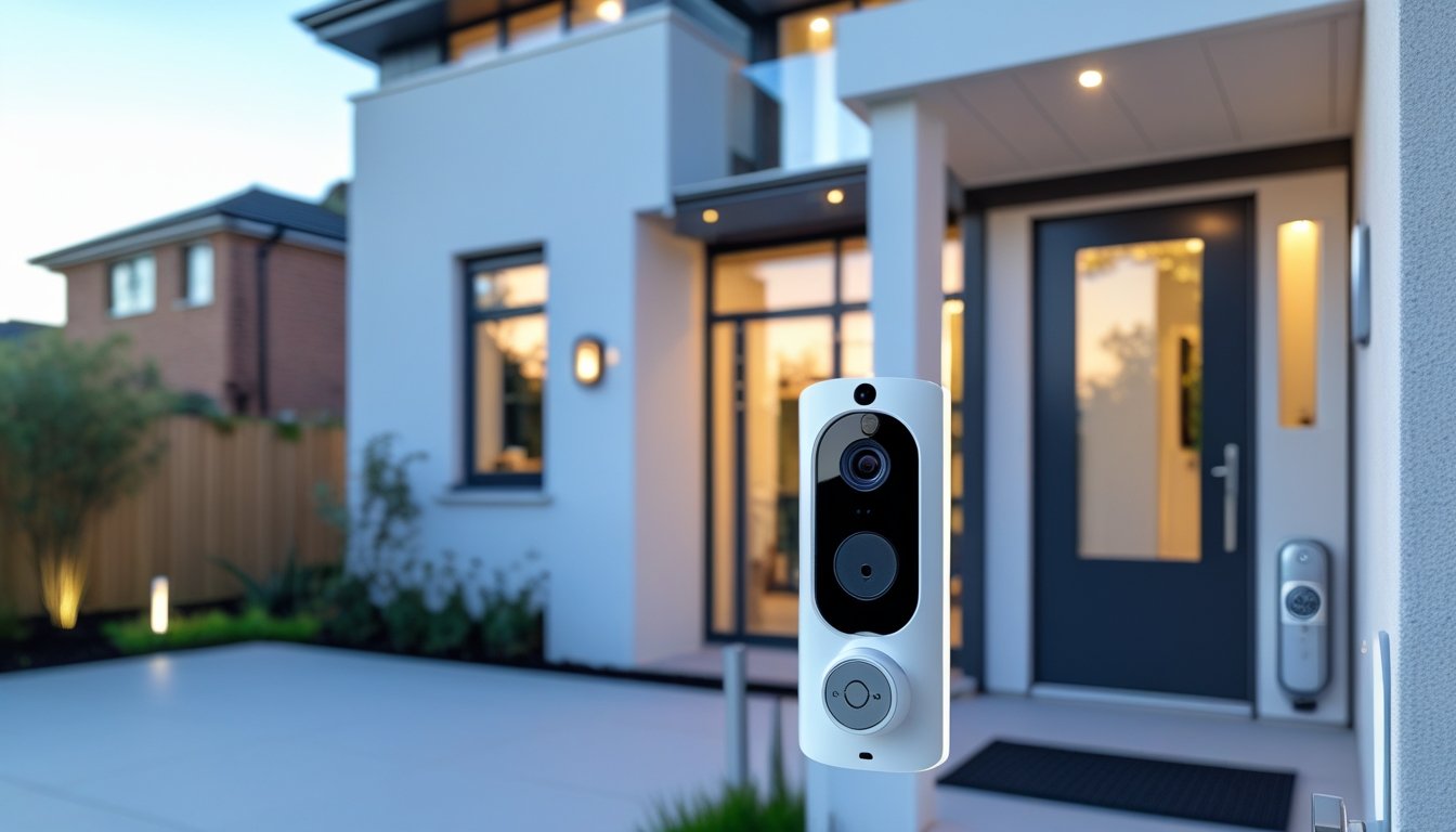 Modern UK home exterior with smart security devices including a video doorbell, security cameras, and a smart lock on the front door.