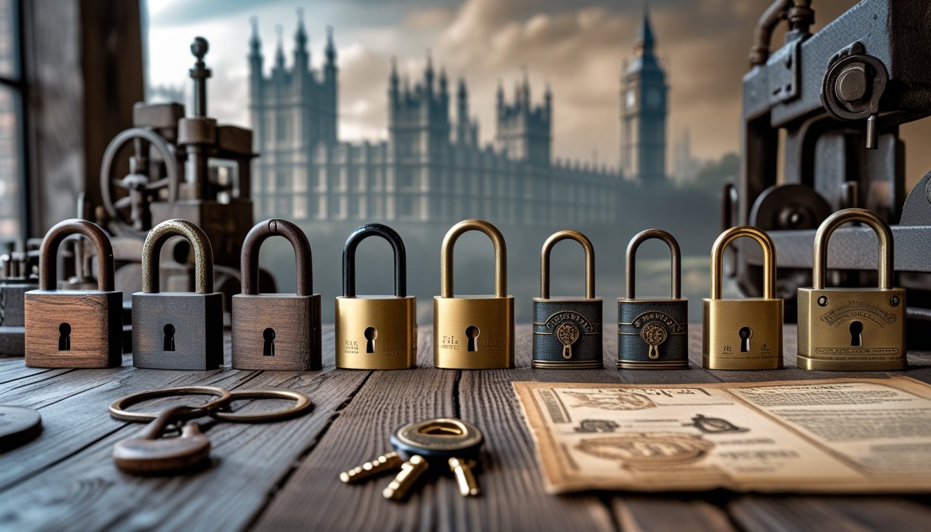 A collection of different locks from various historical periods in the UK arranged on a wooden surface with blurred British landmarks and industrial tools in the background.