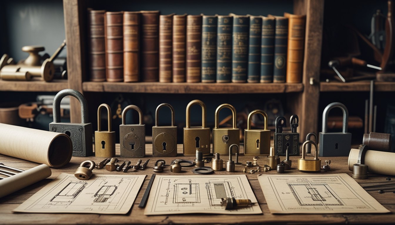 A wooden table displaying various old and modern locks with blueprints and tools in a workshop setting.