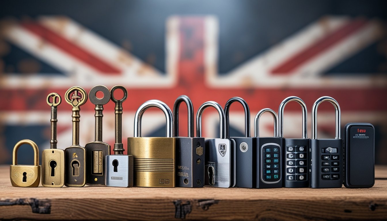 A variety of antique and modern locksmith tools and locks arranged on a wooden surface, showing the historical progression of locksmith technology in the UK.