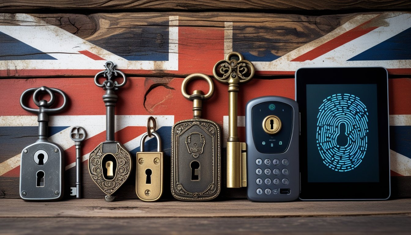 A timeline showing old locksmith tools like vintage keys and locks on one side, transitioning to modern security devices such as smart locks and fingerprint scanners, with subtle British elements in the background.