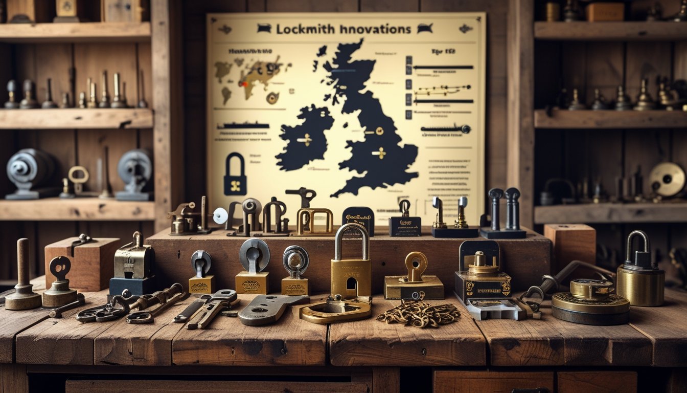 A wooden workbench displaying vintage and modern locksmith tools with a blurred UK map in the background showing the history of locksmith innovations.