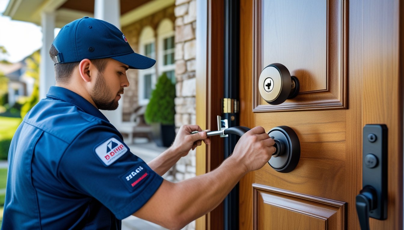 A locksmith installing a door lock on a wooden front door of a house during the day.