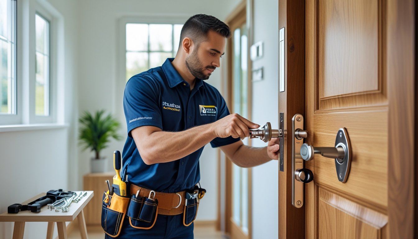 A locksmith installing a door lock on a wooden front door inside a bright residential hallway.