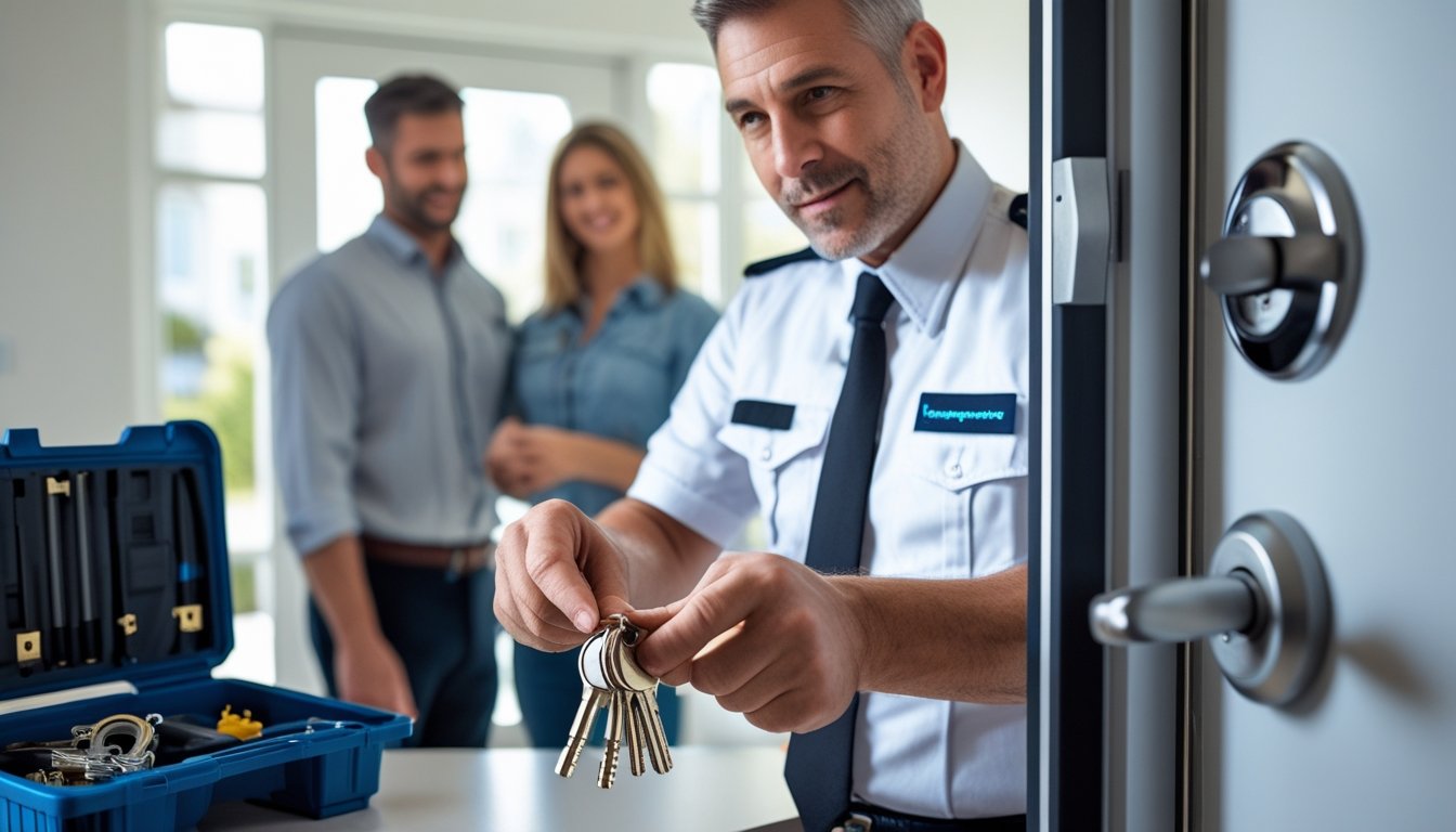 A locksmith working on a front door lock while a homeowner watches nearby.