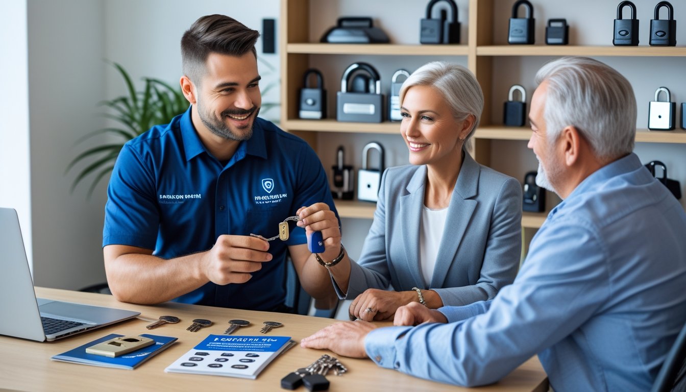 A locksmith in uniform discussing lock options with a couple across a desk in a modern office filled with locksmith tools and equipment.