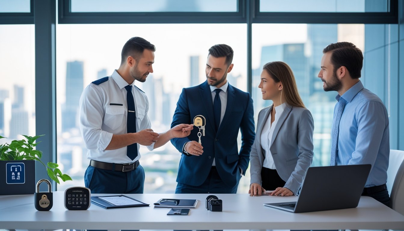 A locksmith discussing security options with two business professionals in a modern office.