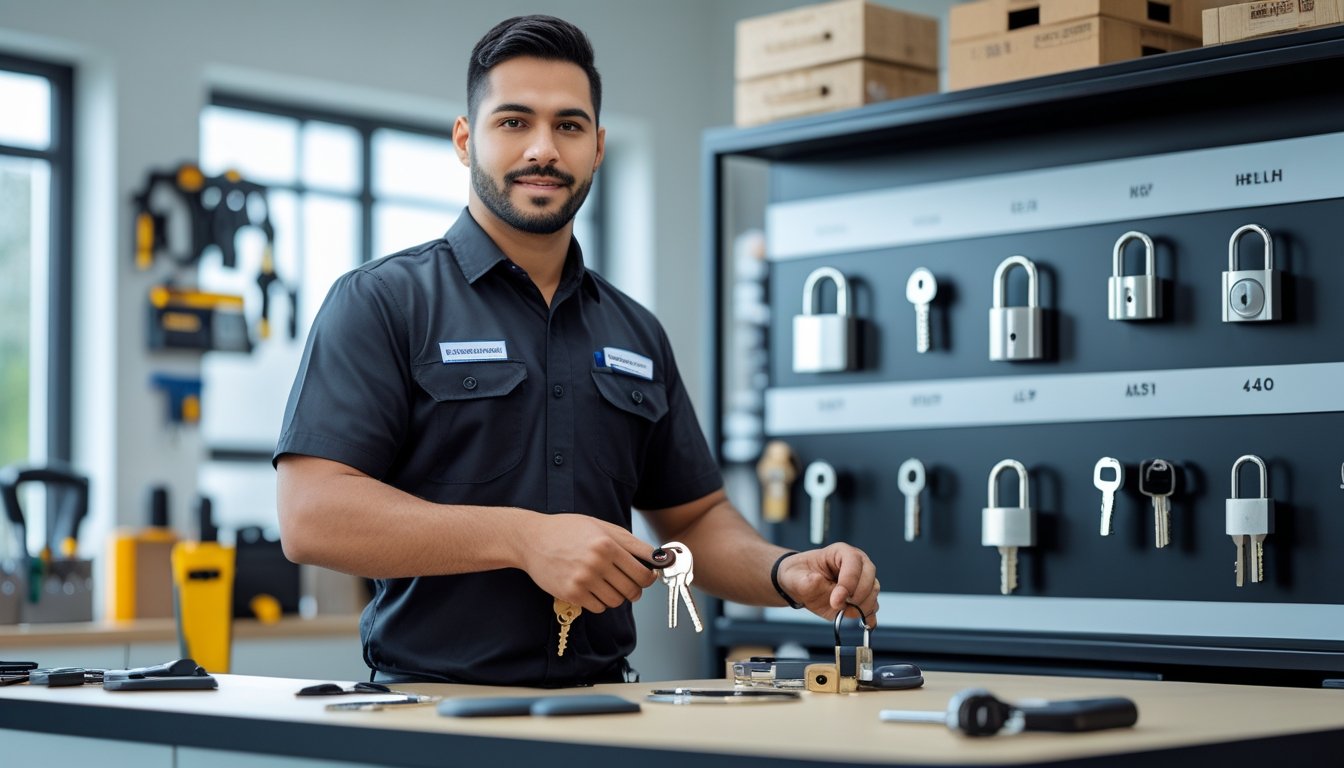A locksmith in a uniform holding keys and tools in a workshop with locks and equipment on shelves.