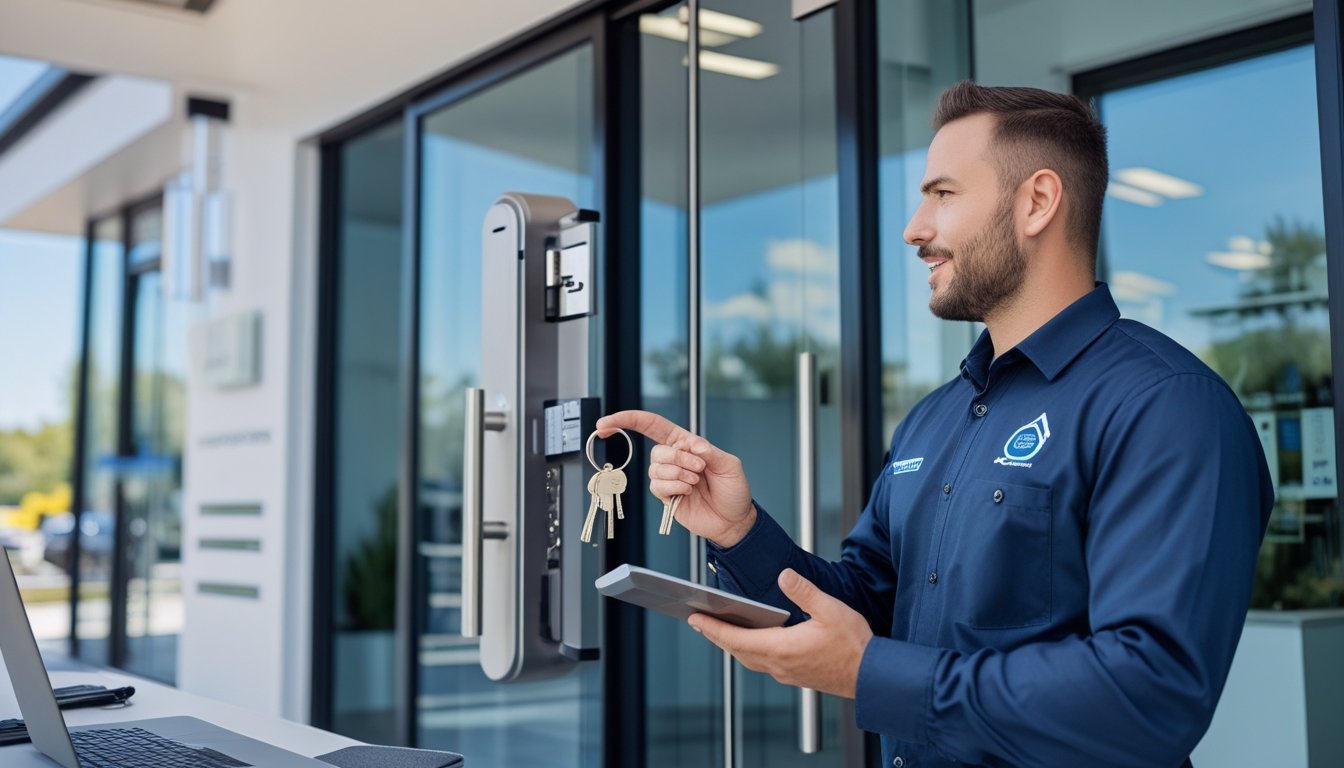 A locksmith consulting with a business owner outside a commercial building entrance, holding keys and a lock device.
