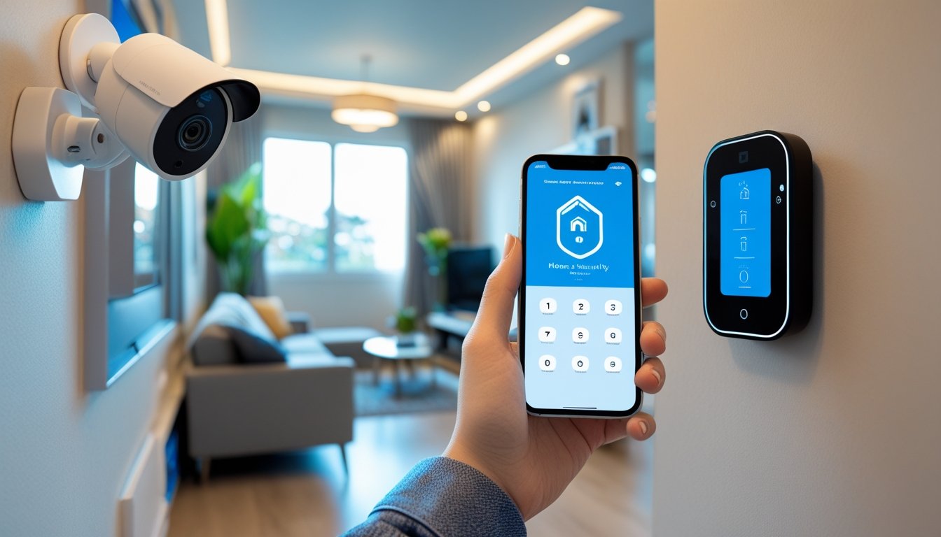 A person holding a smartphone showing a home security app in a living room with a security camera and digital keypad visible.