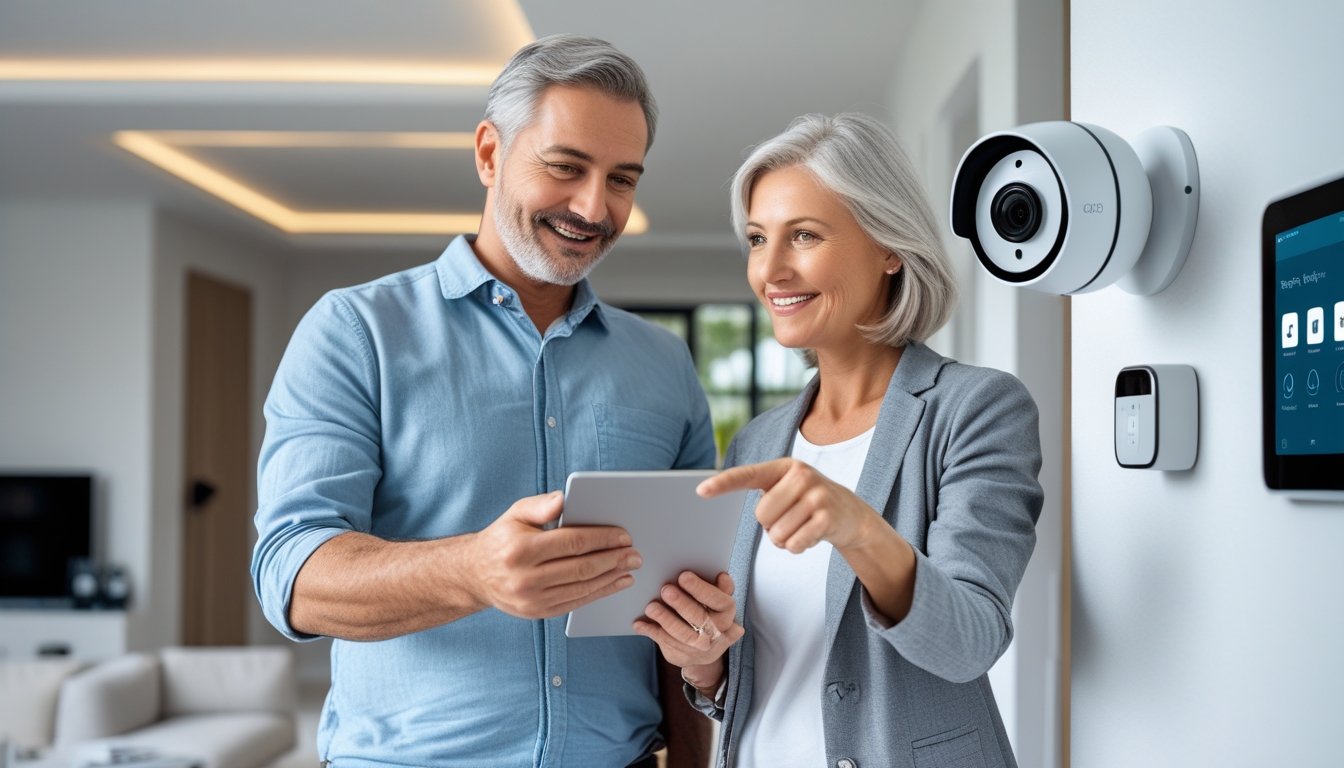A couple in their living room looking at a smart security camera and a touchscreen security panel, with a tablet showing the security app.