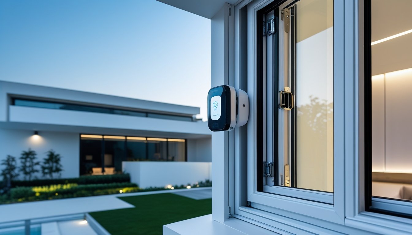A modern house window equipped with advanced security features including smart locks and sensors, showing a safe and secure home environment.