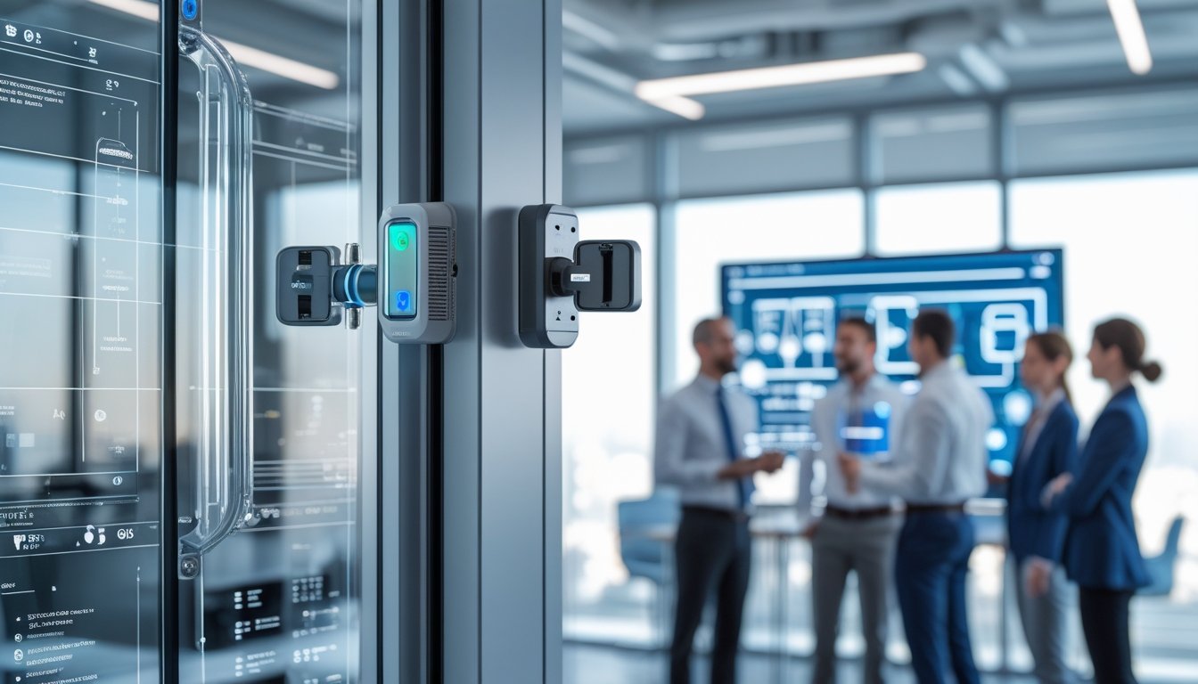 A group of professionals working in a modern office with a high-tech secure window and digital security displays.