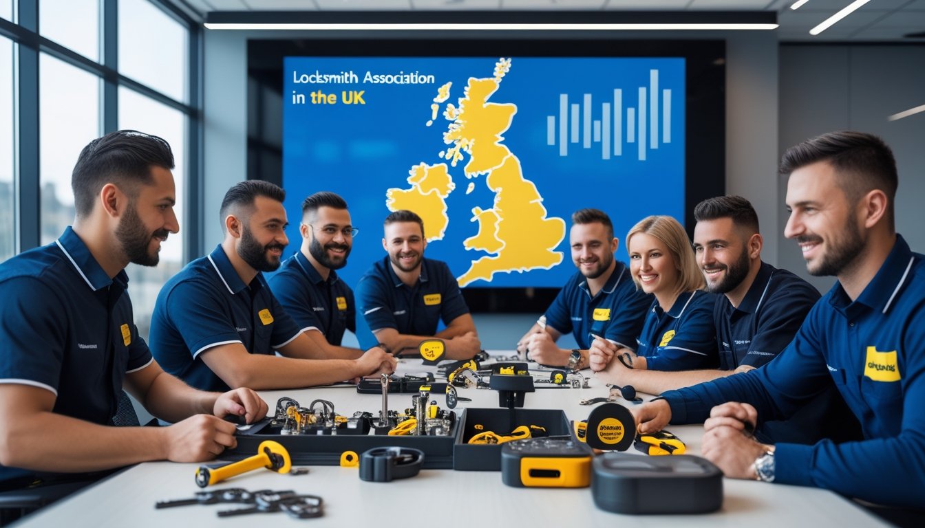 A group of locksmith professionals having a meeting in a modern room with locksmith tools and a UK map on a screen in the background.