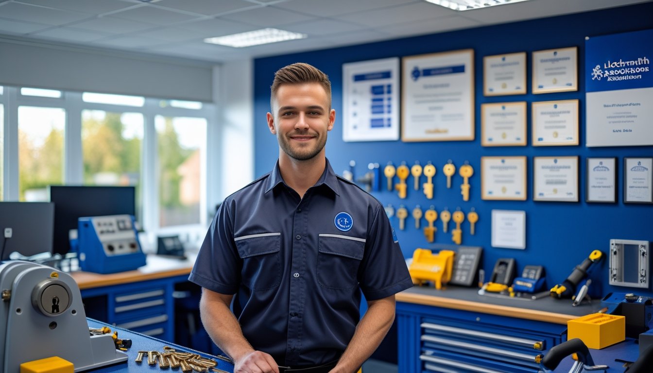 A locksmith working in a workshop with tools and certificates on the wall, showing professionalism and organisation.