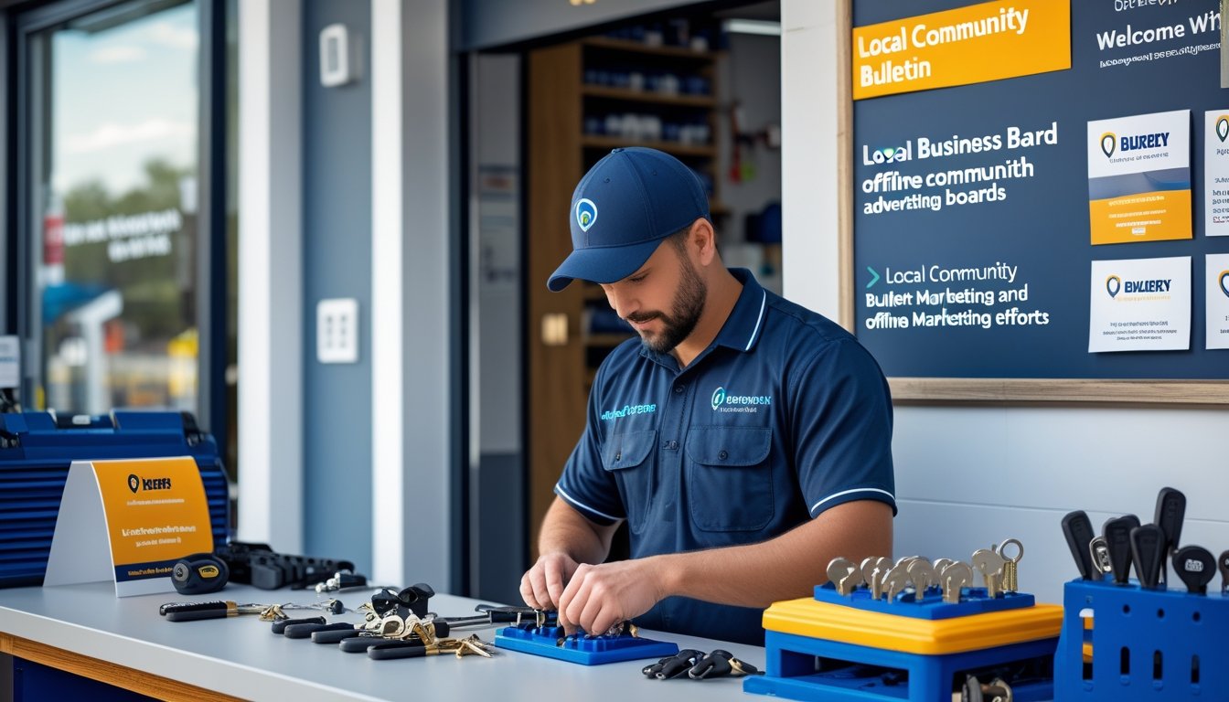 A locksmith in a branded uniform working on keys at a tidy workbench with locksmith tools and promotional materials around, inside a shop with clear signage.