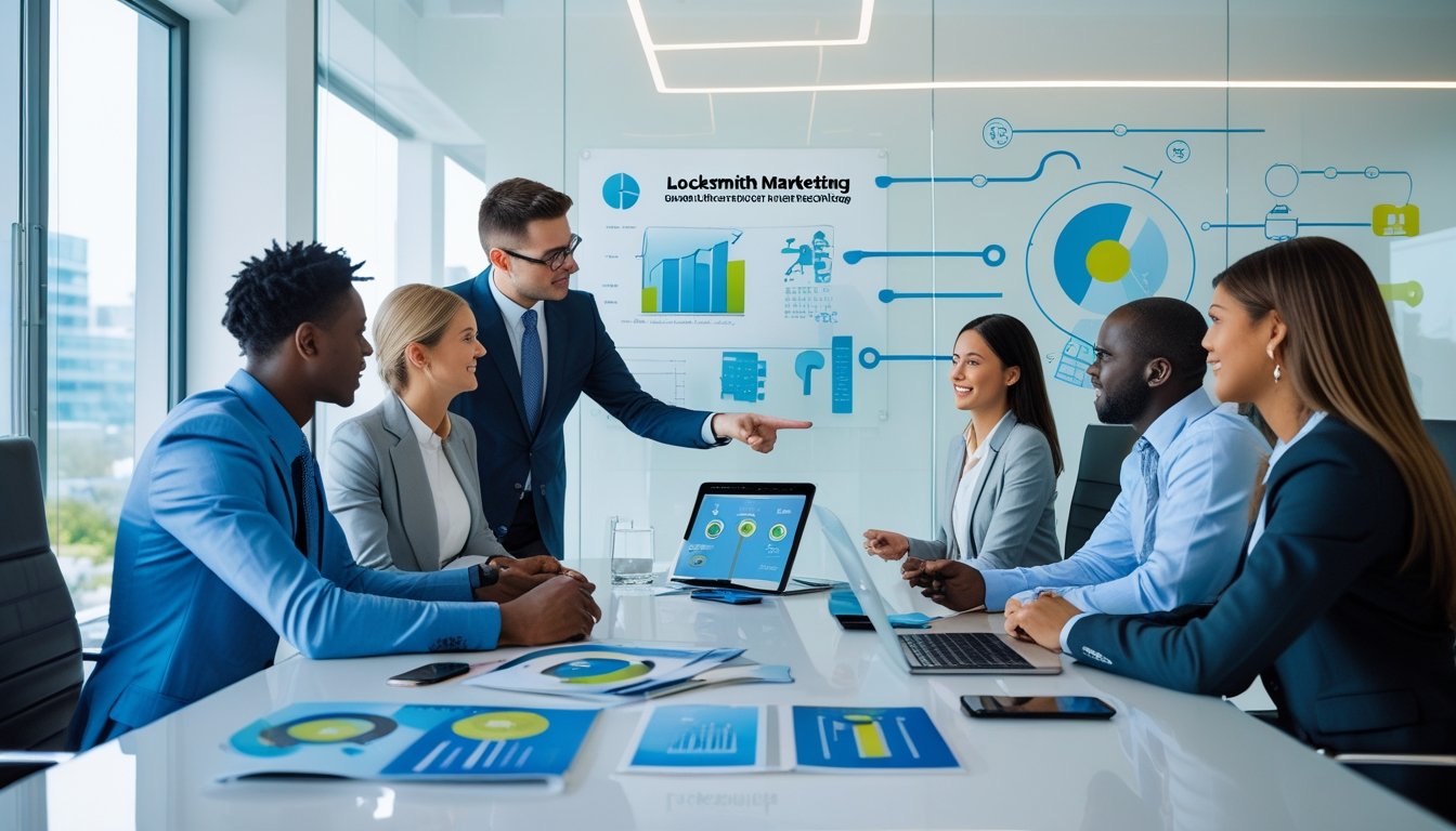 A group of business professionals discussing marketing strategies around a conference table with digital devices and charts in a modern office.