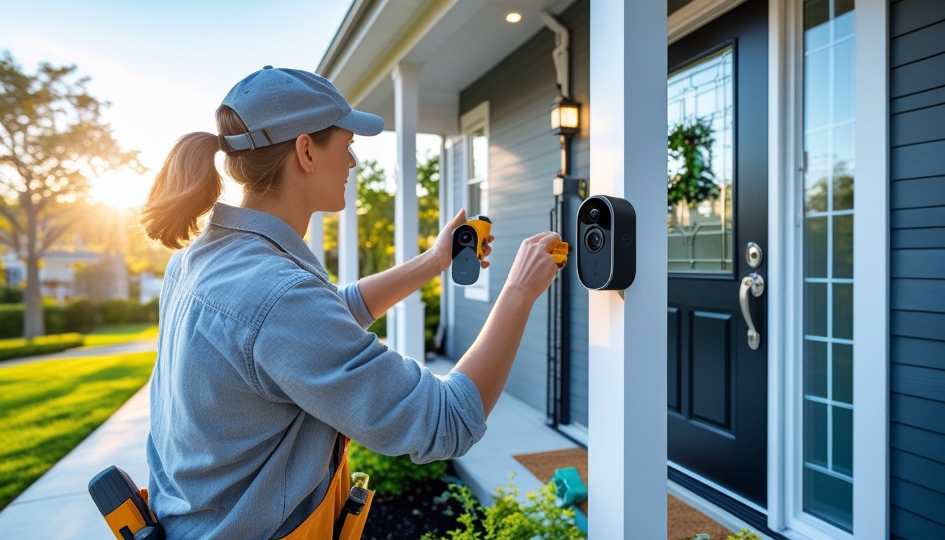 A person installing a security camera on the front porch of a modern home with a locked door and well-lit entrance.
