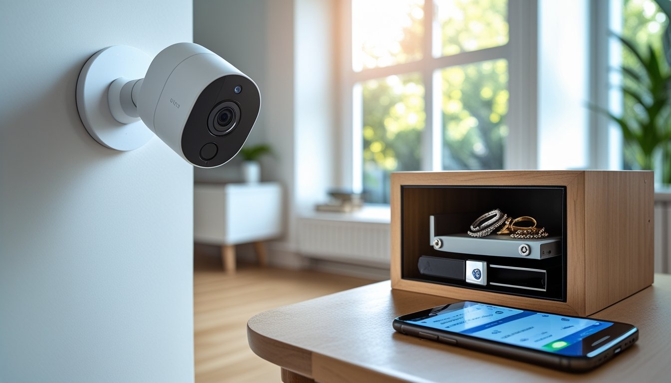 A modern living room with a smart security camera, a safe containing valuables, reinforced window locks, and a smartphone showing a home security app.