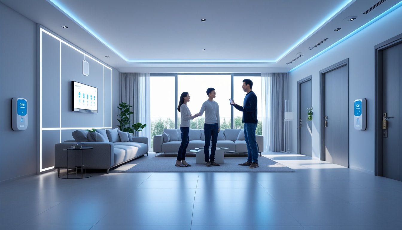 A family in a modern living room interacting with a smart home security system featuring cameras, sensors, and a touchscreen control panel.
