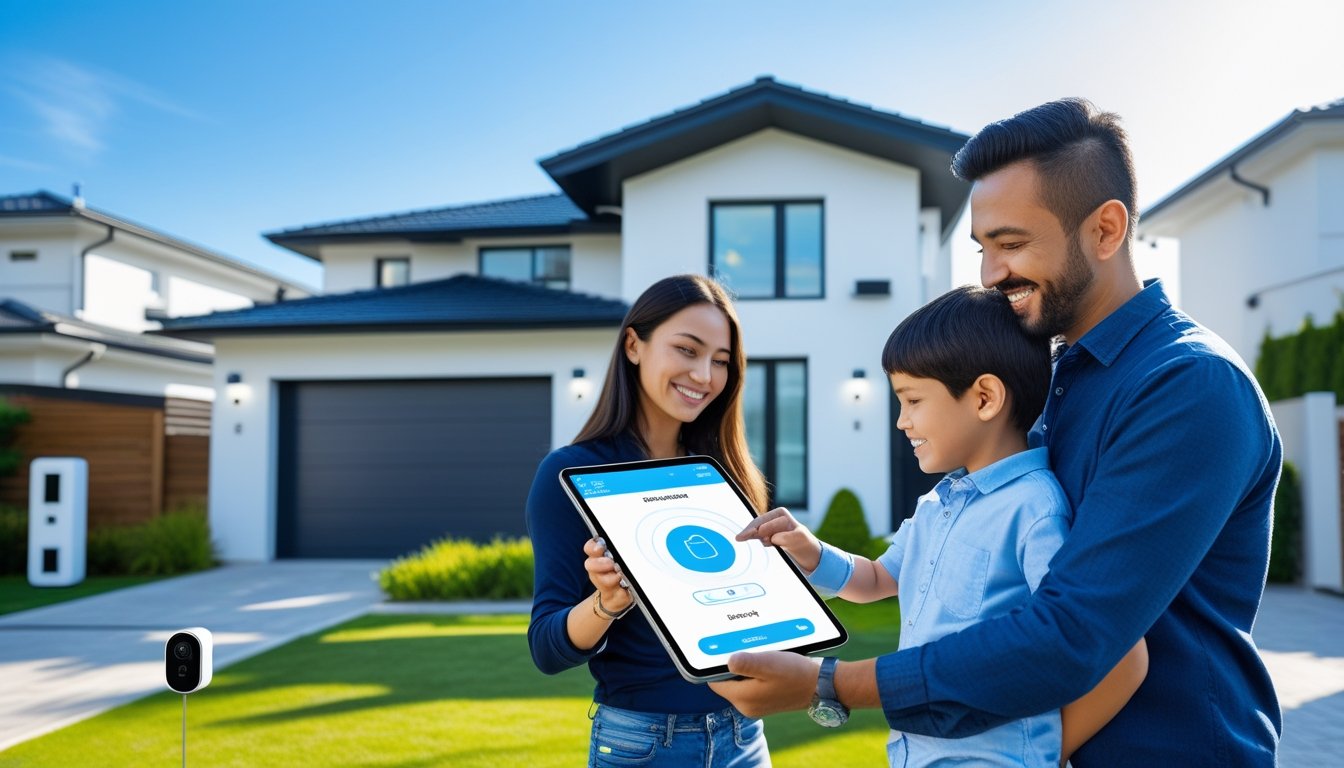 A family of three using a smartphone to control advanced security devices outside a modern suburban house.