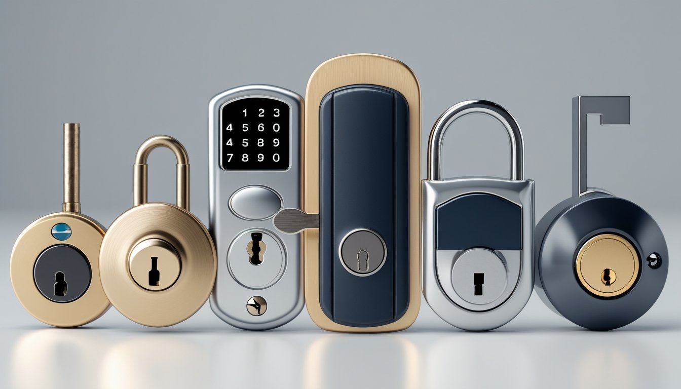 A close-up view of several different types of locks arranged on a plain background, including deadbolt, digital keypad, cylinder, and smart fingerprint locks.