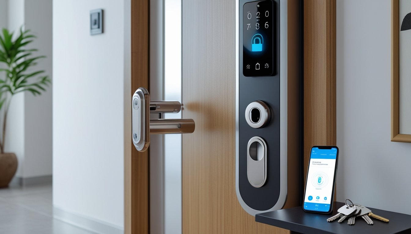 Entrance door of a flat with a secure lock, keys on a table, and a smartphone showing a home security app in a well-lit hallway.