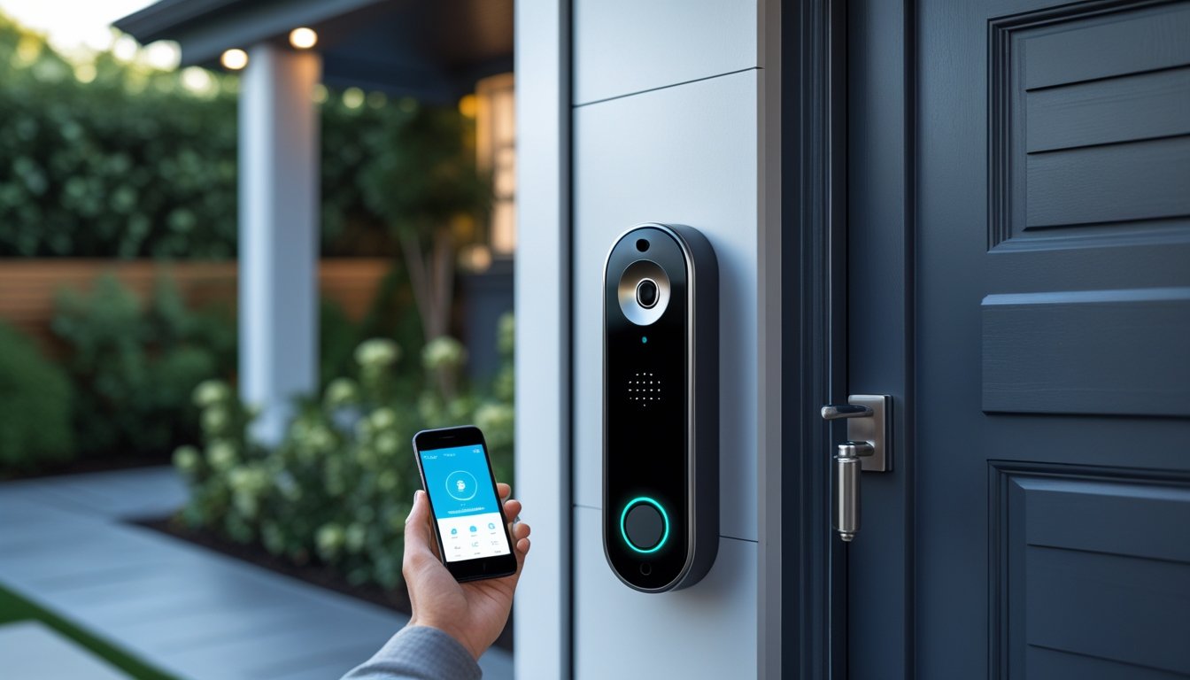 A modern front door with a smart doorbell and a person holding a smartphone showing the doorbell app.