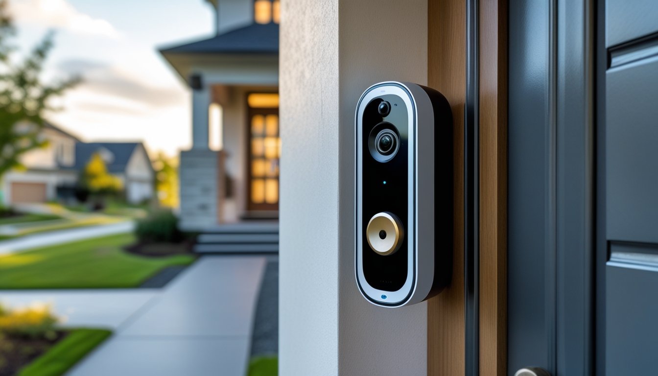 A smart doorbell mounted beside the front door of a modern house with a suburban street in the background.