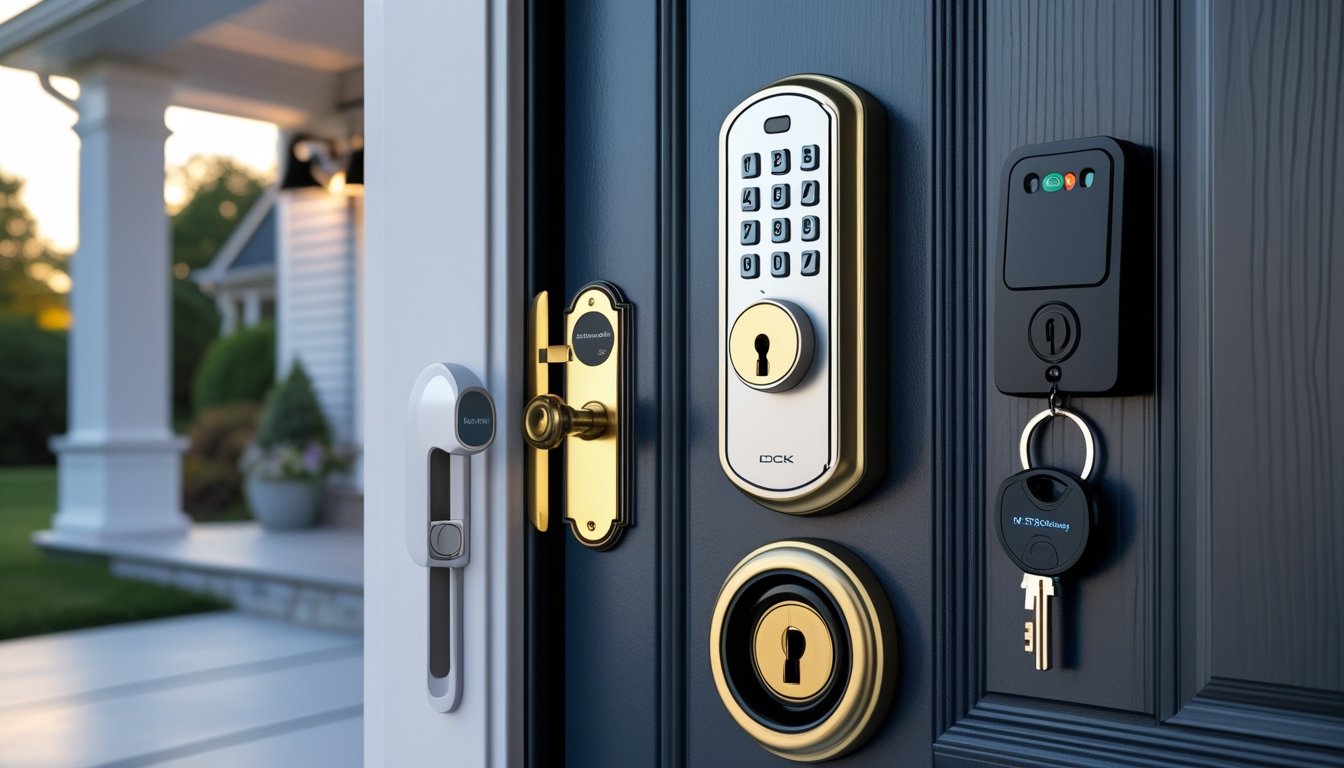 Close-up of a modern home door with advanced locks, a secure key safe box on the wall, and security cameras on the porch.