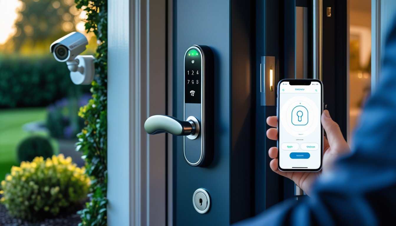 Close-up of a front door with a smart key lock and a hand holding a smartphone showing a security app, with a garden and security camera in the background.