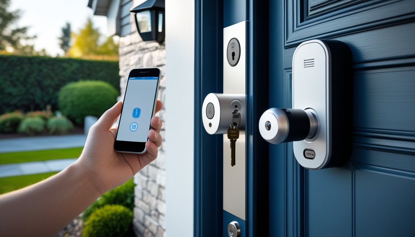 Close-up of a modern front door with a smart lock, a person holding a smartphone nearby, a security camera, and a key safe box on the wall outside a house.