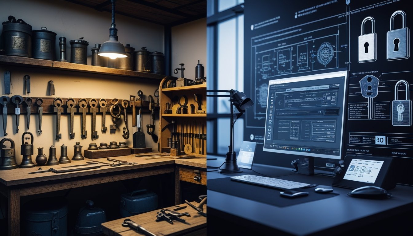 A split scene showing a traditional locksmith workshop with vintage tools on one side and a modern locksmith workspace with advanced key cutting machines and electronic locks on the other.