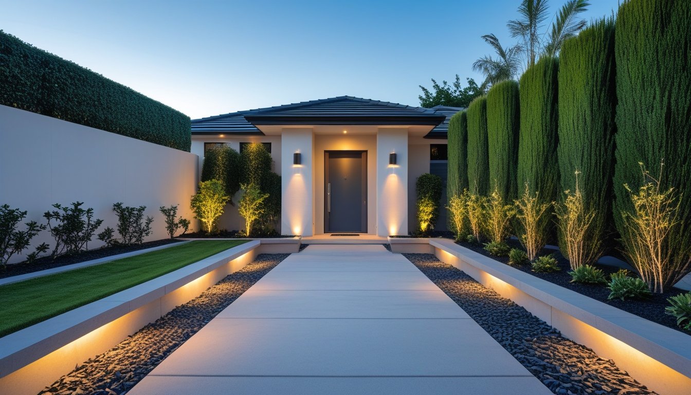 Front view of a modern home entryway with a pathway, trimmed hedges, shrubs, and outdoor lighting enhancing privacy and security.