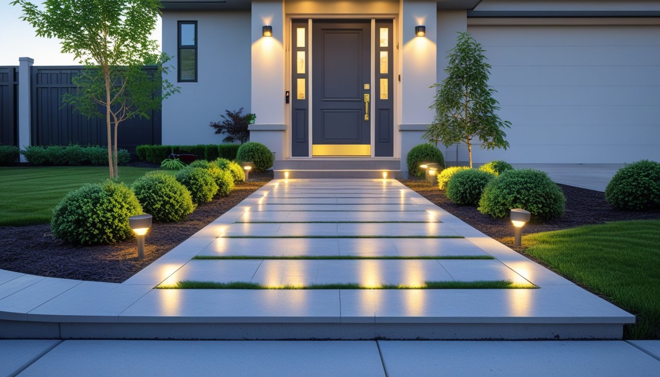 Front entrance of a modern home with trimmed shrubs, pathway lights, and a security camera near the door.